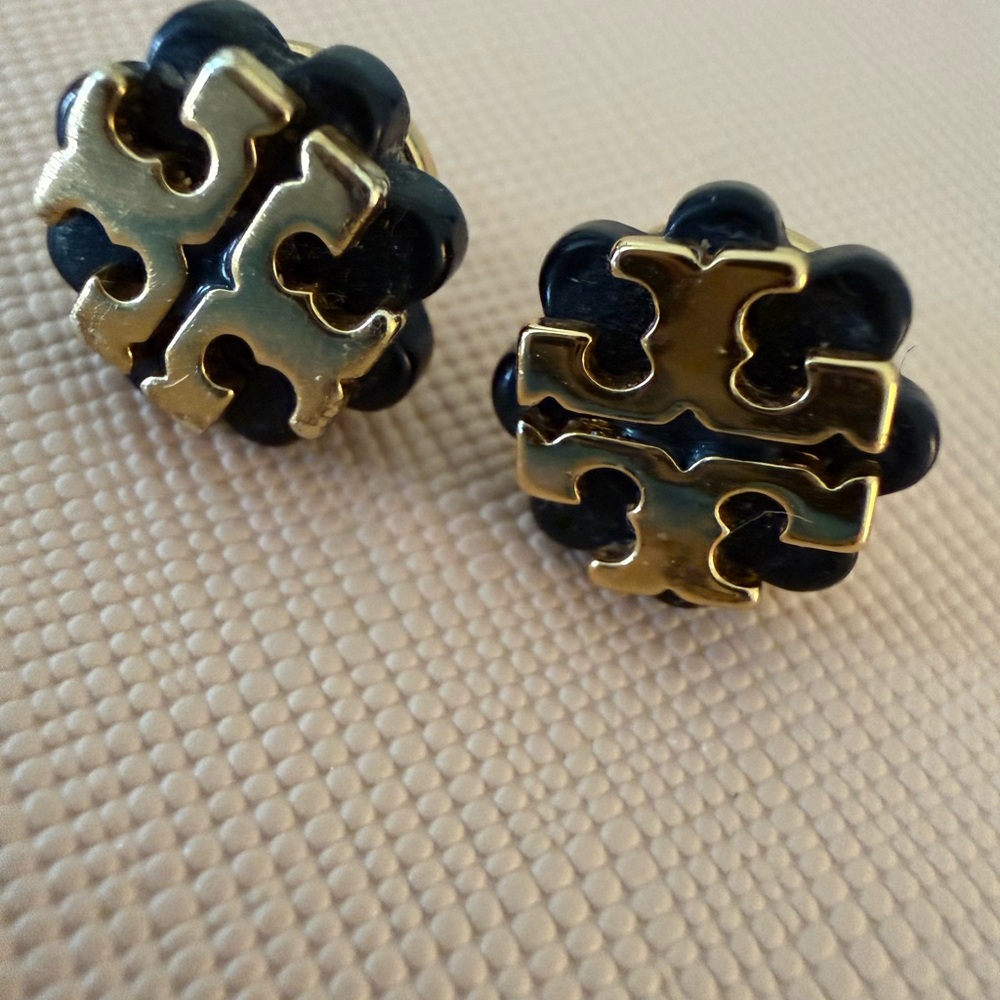 Tory Burch Black and Gold Enamel Logo Cluster Studs